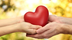 Descrição da imagem: Fotografia retangular colorida, em plano detalhe. Sobre fundo desfocado predominantemente verde, um coração vermelho almofadado, revestido por material sintético, se destaca no centro da imagem. Pelo seu lado esquerdo, ele é acolhido em duas mãos brancas femininas, unidas em formato de concha. Pelo lado oposto, duas mãos brancas masculinas envolvem-nas.